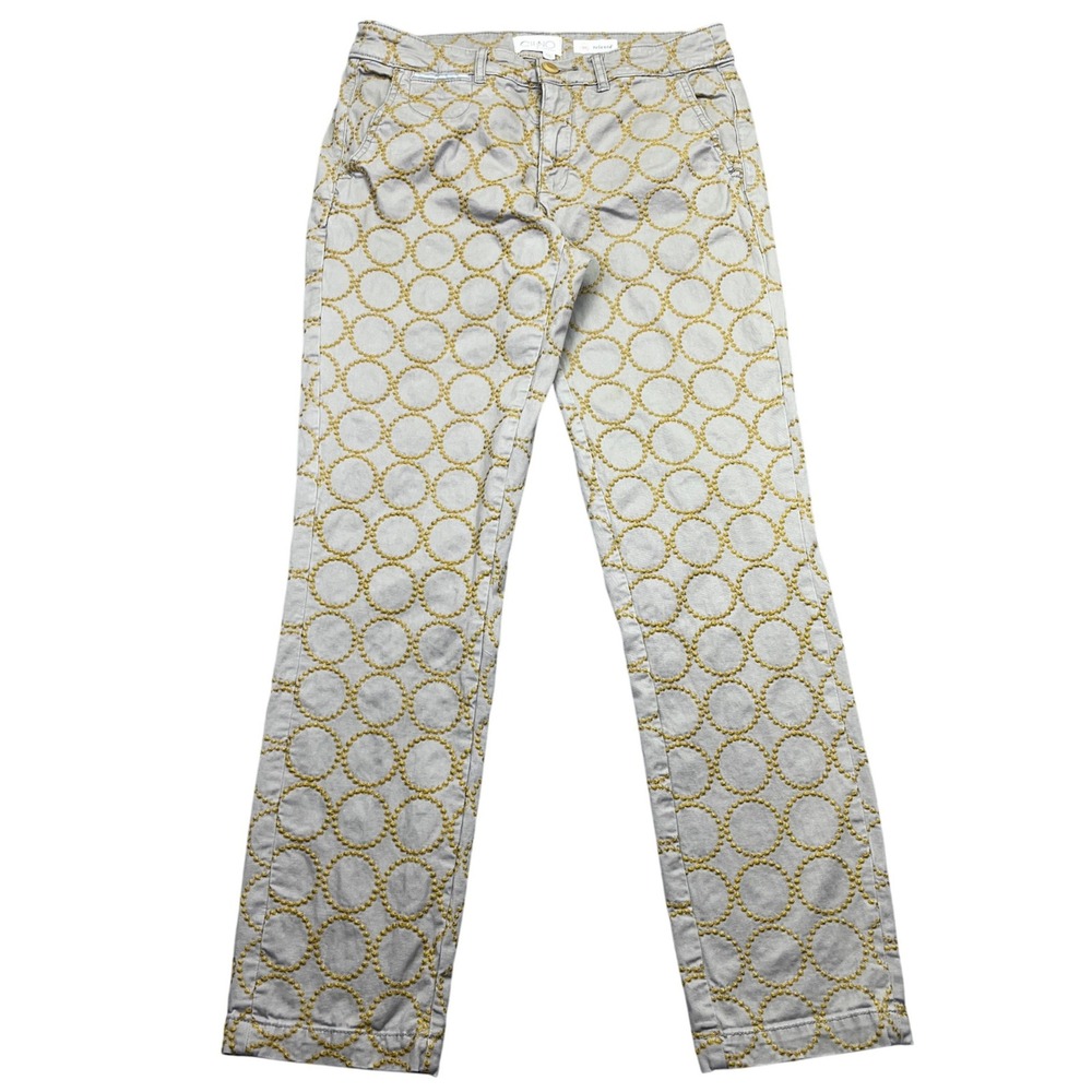 Chino Anthropologie Relaxed Embroidered Pants Circles Beige Women Sz 28 Fits 29"